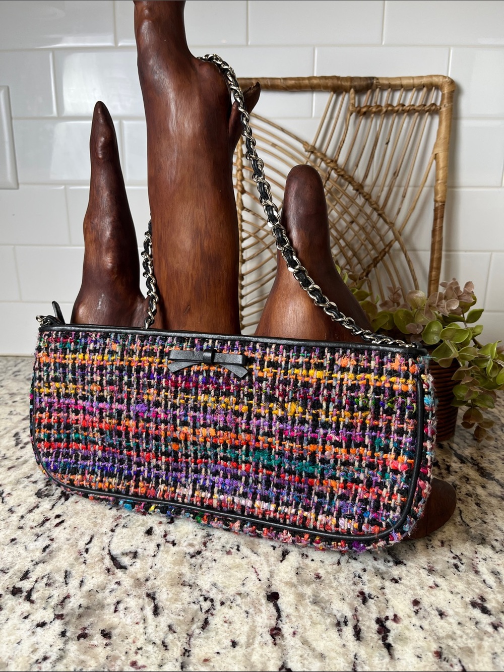 Talbots Multicolor Tweed Shoulder Bag with Black Trim & Chain